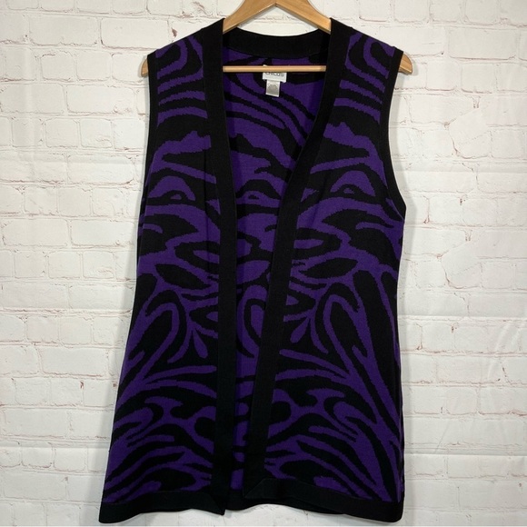 Chicos Cardigan Sweater Womens Size 1 Purple Black Zebra Sleeveless Silk Blend - Picture 1 of 8